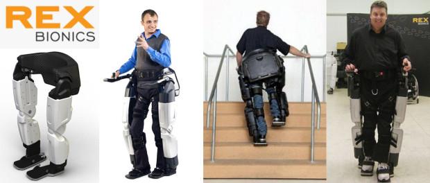Rex_Exoskeleton Left to Right: Rex Bionics Company Logo; REX Exoskeleton: roboticstrends.com; REX: thecoolgadgets.com, REX climbing stairs: amazingworldonline.com; Dave MacCalman with REX: blogcdn.com
