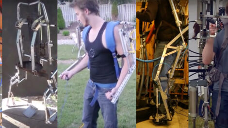 DIY Exoskeleton, left to right: Exo-Arm, 'Homemade Exoskeleton', powered by Nitinol and Peltier Thermoelectric chips at completion, Elysium Exoskeleton, Pneumatic Exoskeleton 3.3, Ajax Exosuit
