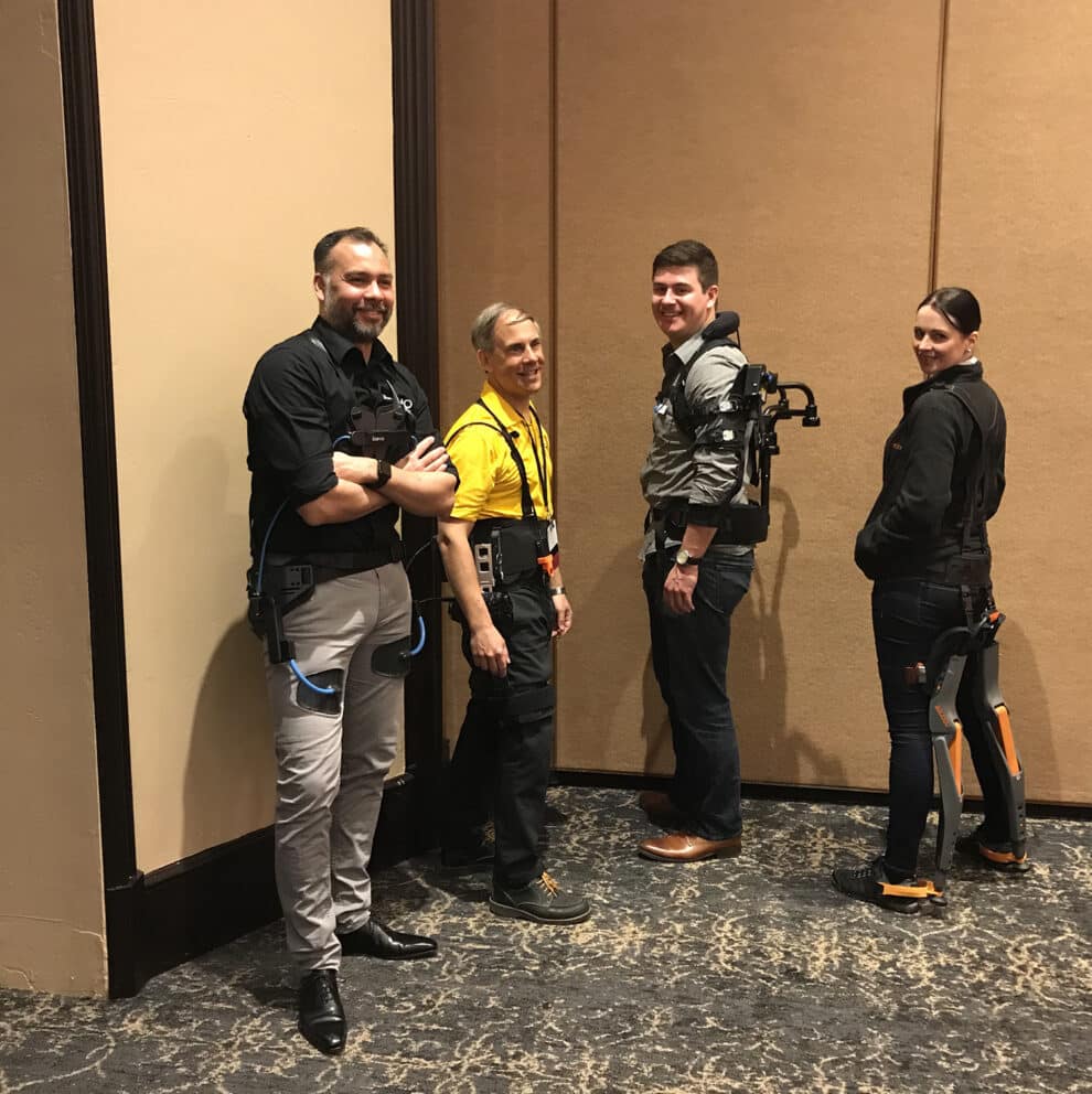 Left to right: passive hip exoskeleton by Laevo, powered hip exoskeleton by Spring Active, passive shoulder exoskeleton by Ekso Bionics and chairless chair by Noonee