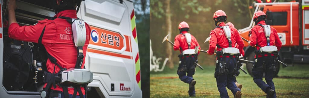 Korea Forest Service personnel wearing StepUp 4.0 during wildfire suppression training via FRT Robotics 2026