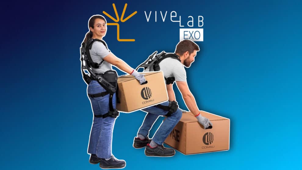 Two workers wearing industrial exoskeletons while lifting boxes with ViveLab Exo branding