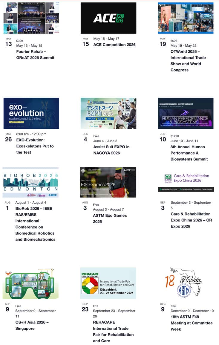 Upcoming Exoskeleton Related Events May 2026 and onward
