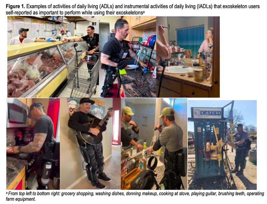 ReWalk users performing daily activities including shopping, washing dishes, cooking, playing guitar, brushing teeth, and using farm equipment.