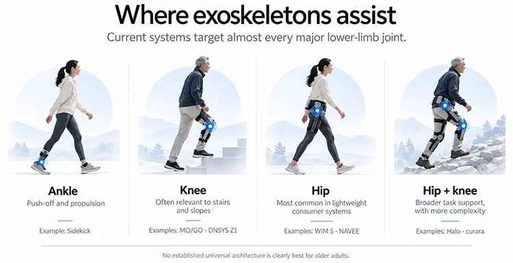 Exoskeleton Index graphic comparing ankle, knee, hip, and combined hip and knee assistance.
