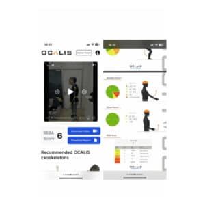 OCALIS AI Ergo interface showing posture tracking, a REBA score and joint-angle report graphics.
