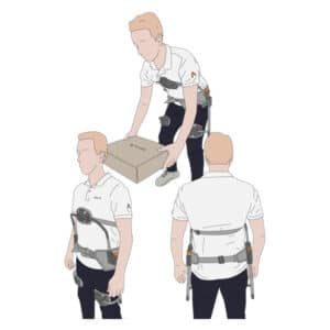 Manufacturer illustration of OCALIS Back worn while lifting a box, with front and rear views.