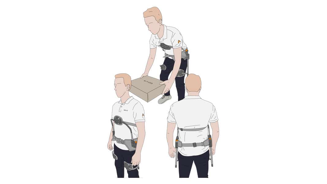 Manufacturer illustration of OCALIS Back worn while lifting a box, with front and rear views.
