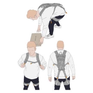 Manufacturer illustration of OCALIS Back Lite worn while lifting a box, with front and rear views.