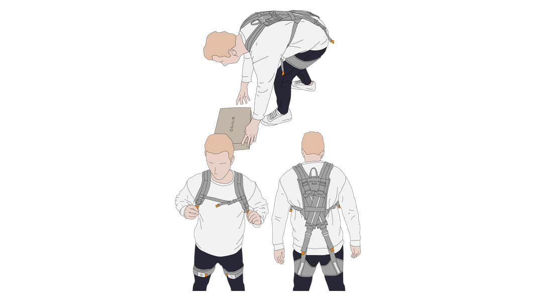 Manufacturer illustration of OCALIS Back Lite worn while lifting a box, with front and rear views.