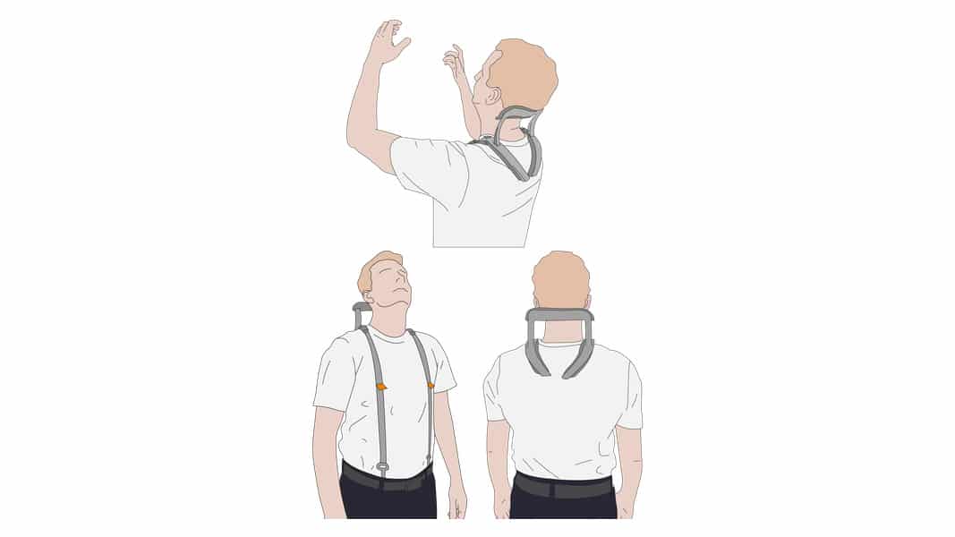 Manufacturer illustration of OCALIS Neck worn while looking upward, with front and rear views.