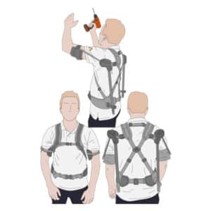 Manufacturer illustration of OCALIS Shoulder worn during overhead work, with front and rear views.