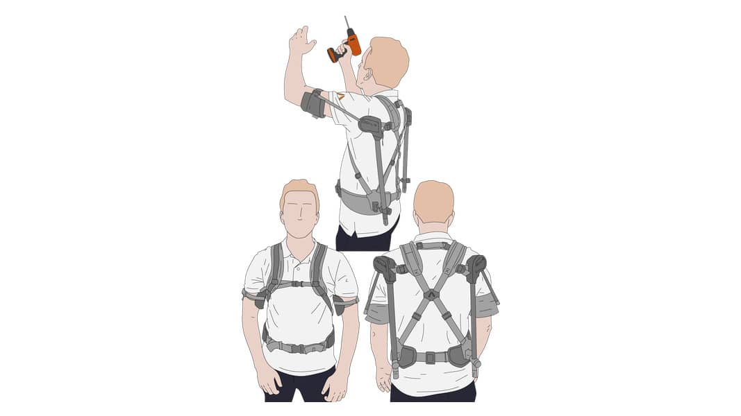 Manufacturer illustration of OCALIS Shoulder worn during overhead work, with front and rear views.