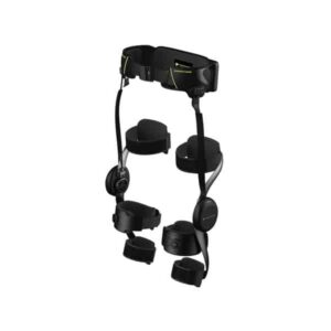 Black Yrobot PowrKnee knee exoskeleton with paired leg supports, fastening straps, and a waist belt on a white background.