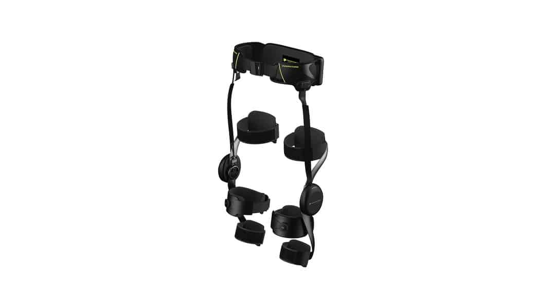 Black Yrobot PowrKnee knee exoskeleton with paired leg supports, fastening straps, and a waist belt on a white background.